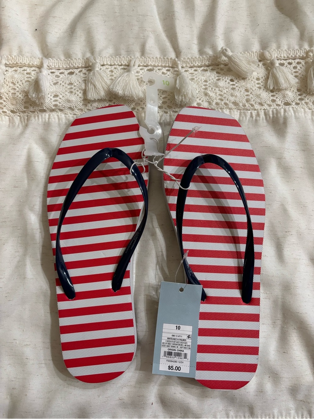 Striped Red & White Flip Flops with Navy Straps Size 10